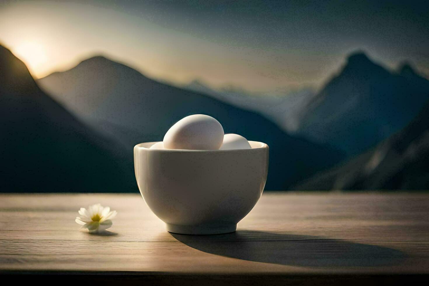 eggs in a cup on a table with mountains in the background. AI-Generated photo