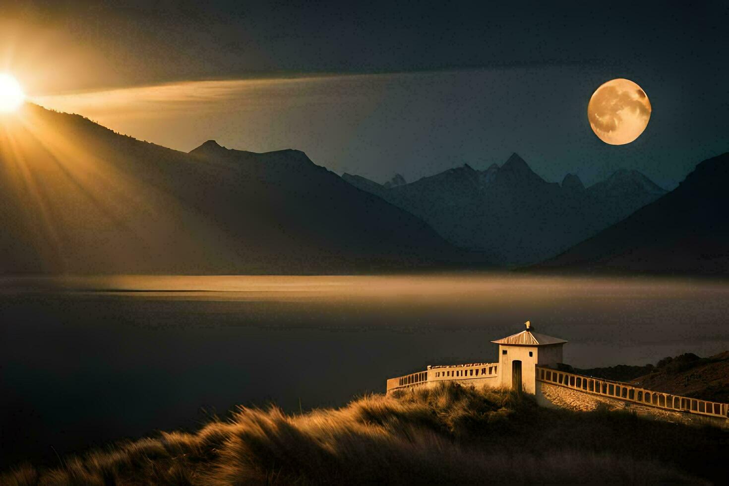 the moon shines brightly over a mountain and a small chapel. AI-Generated photo