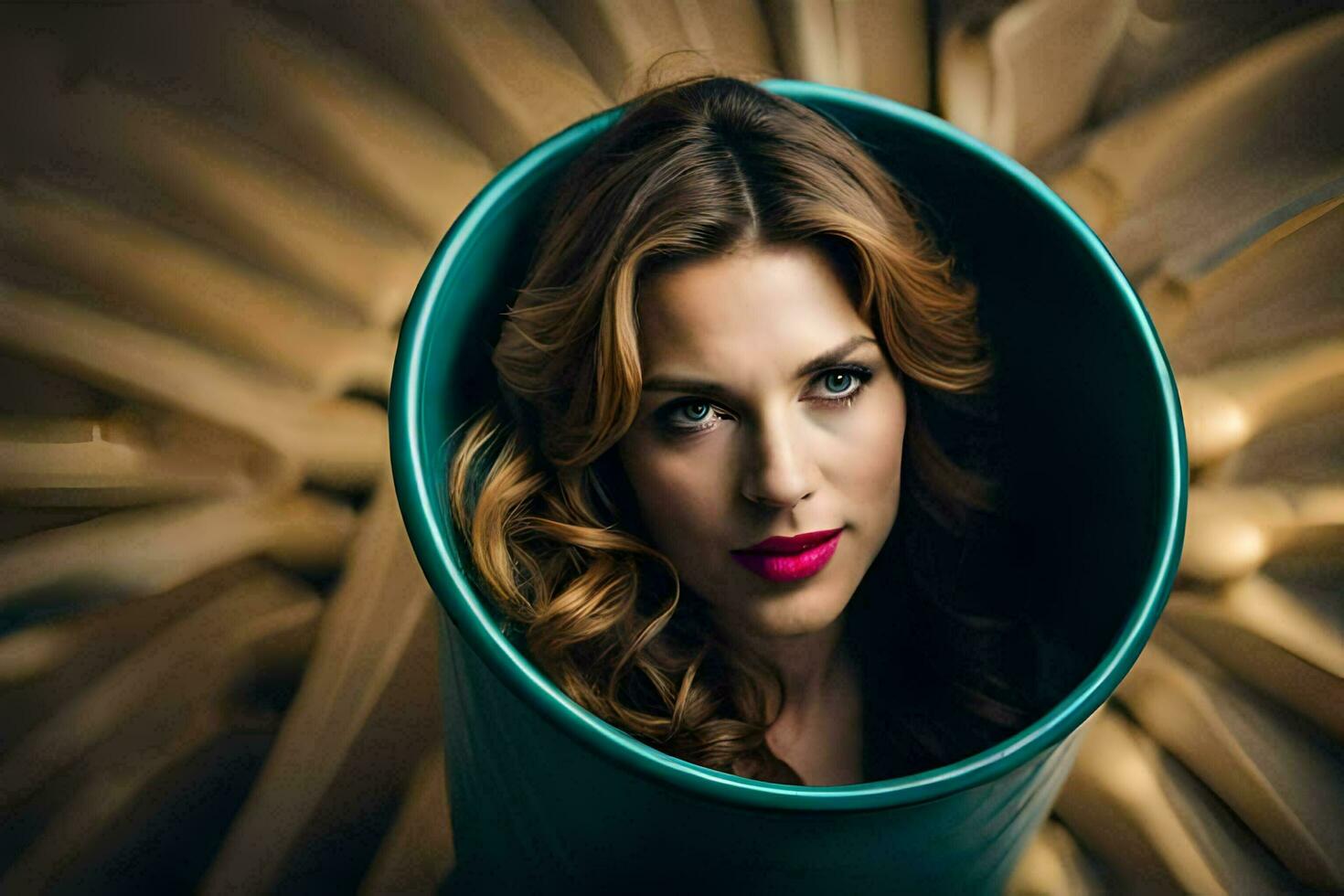 a woman with long hair and lipstick is in a blue vase. AI-Generated photo