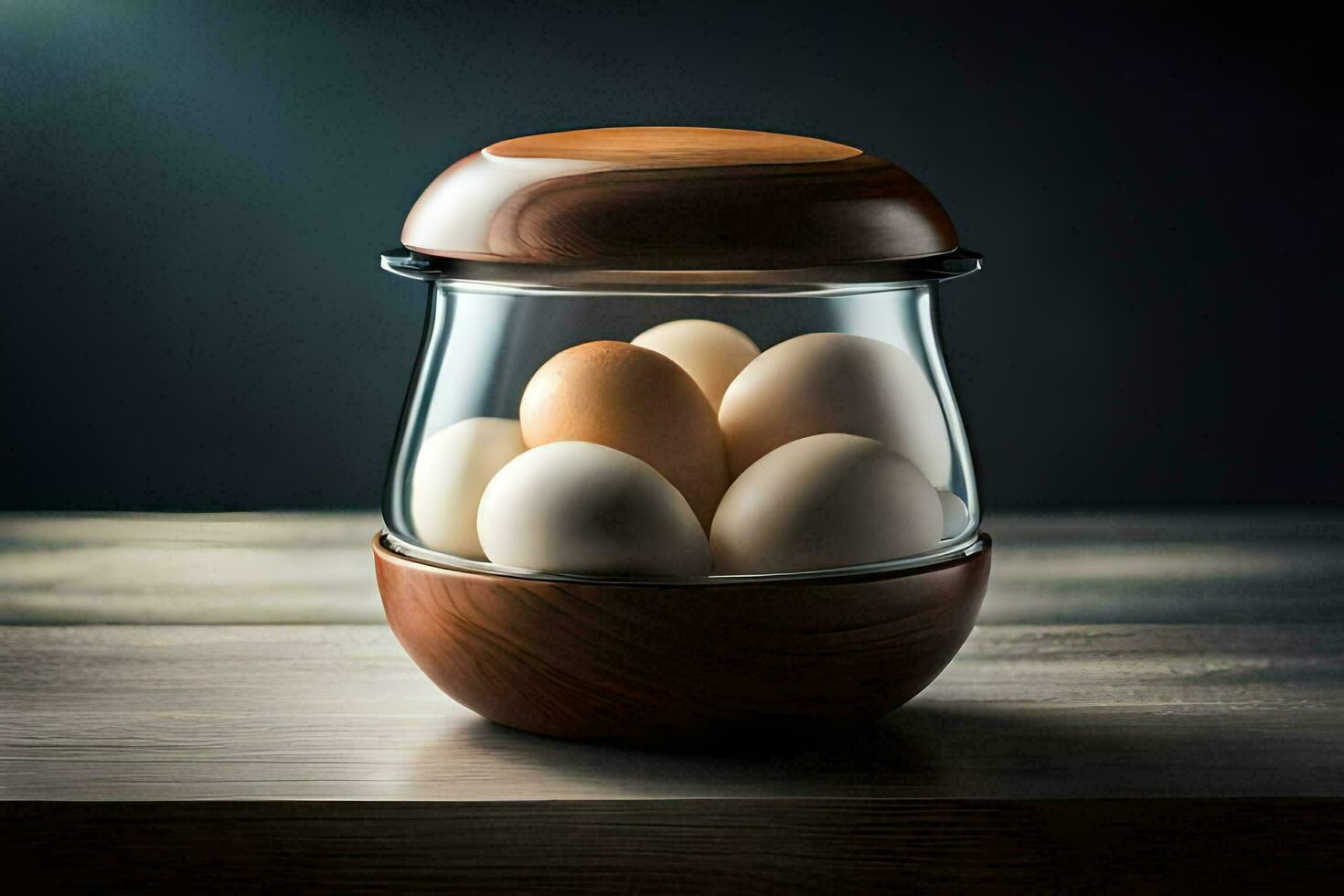 a jar filled with eggs on a wooden table. AI-Generated photo