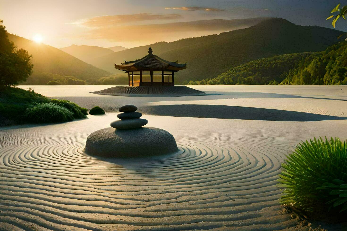 the zen garden in the mountains. AI-Generated photo