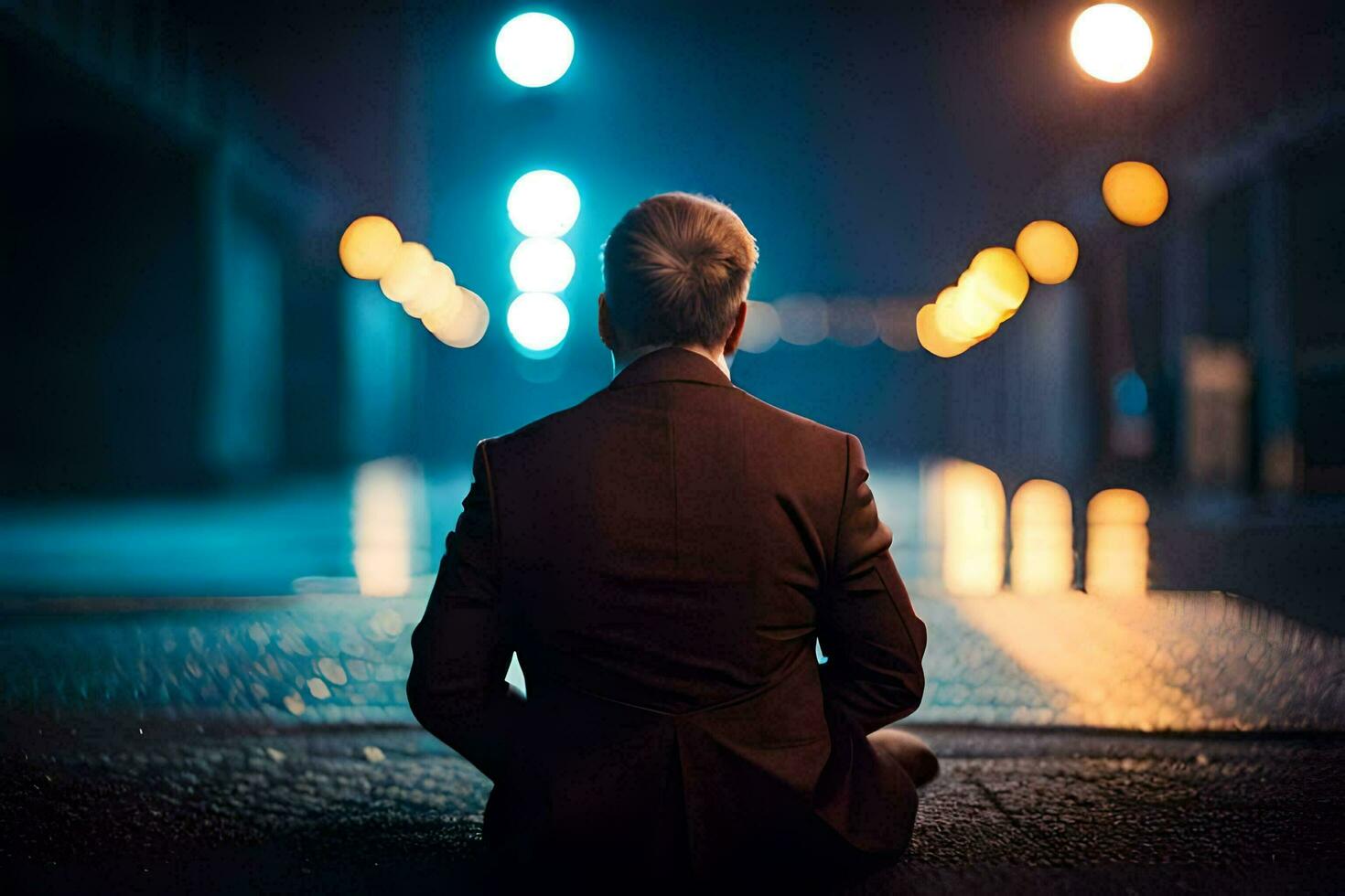 a man in a suit sits on the ground at night. AI-Generated photo