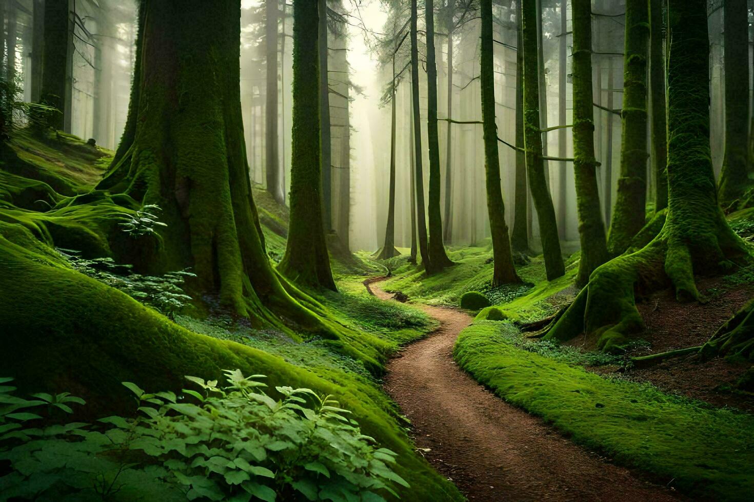 a path through a green forest with mossy trees. AI-Generated photo