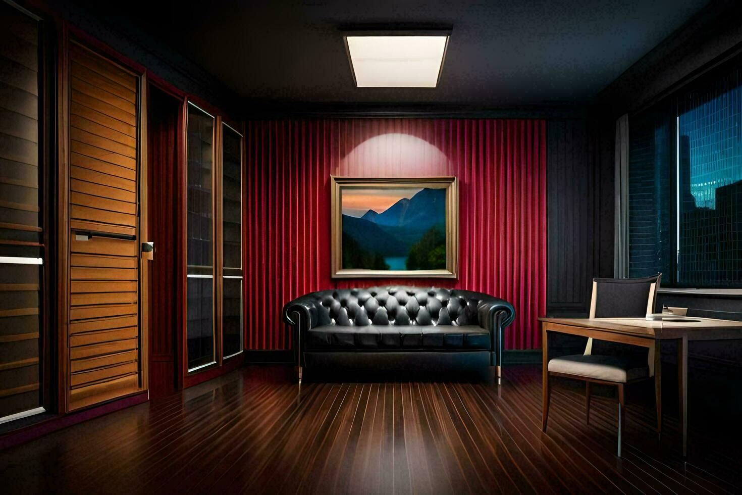 a room with a black leather couch and a painting on the wall. AI-Generated photo