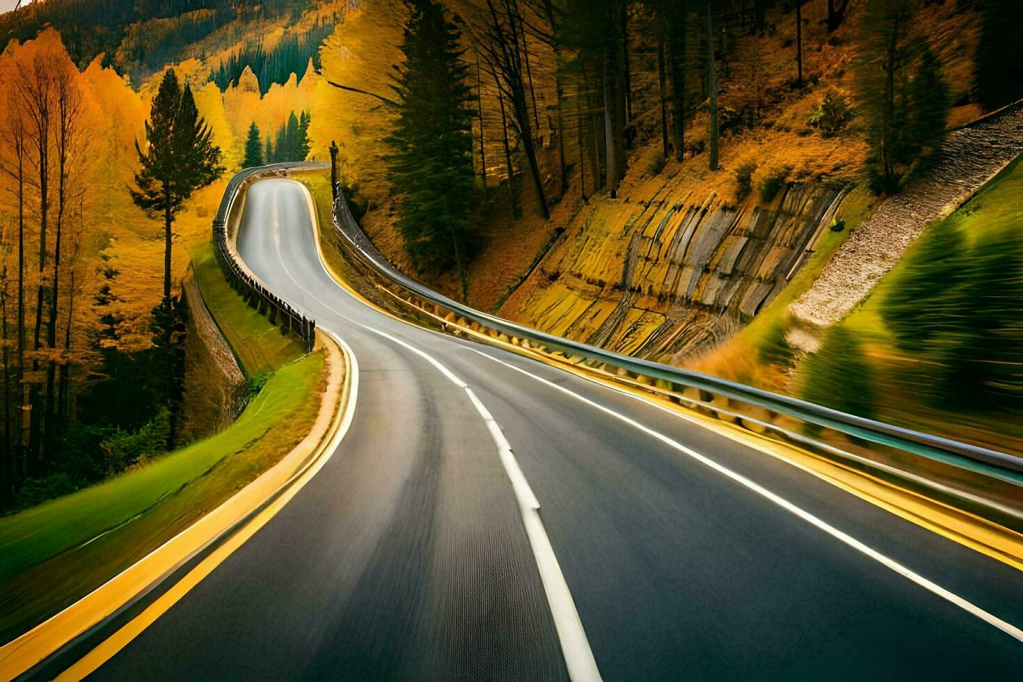 a road in the fall with trees and mountains. AI-Generated photo
