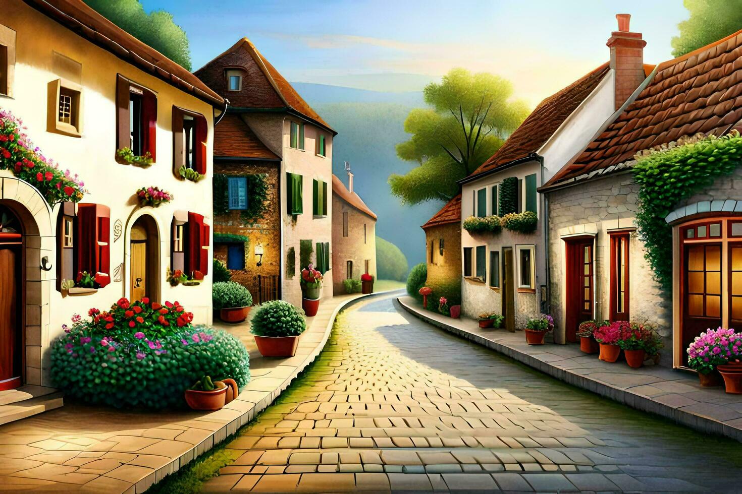 photo wallpaper the sky, flowers, houses, the village, the sun, the village, the. AI-Generated