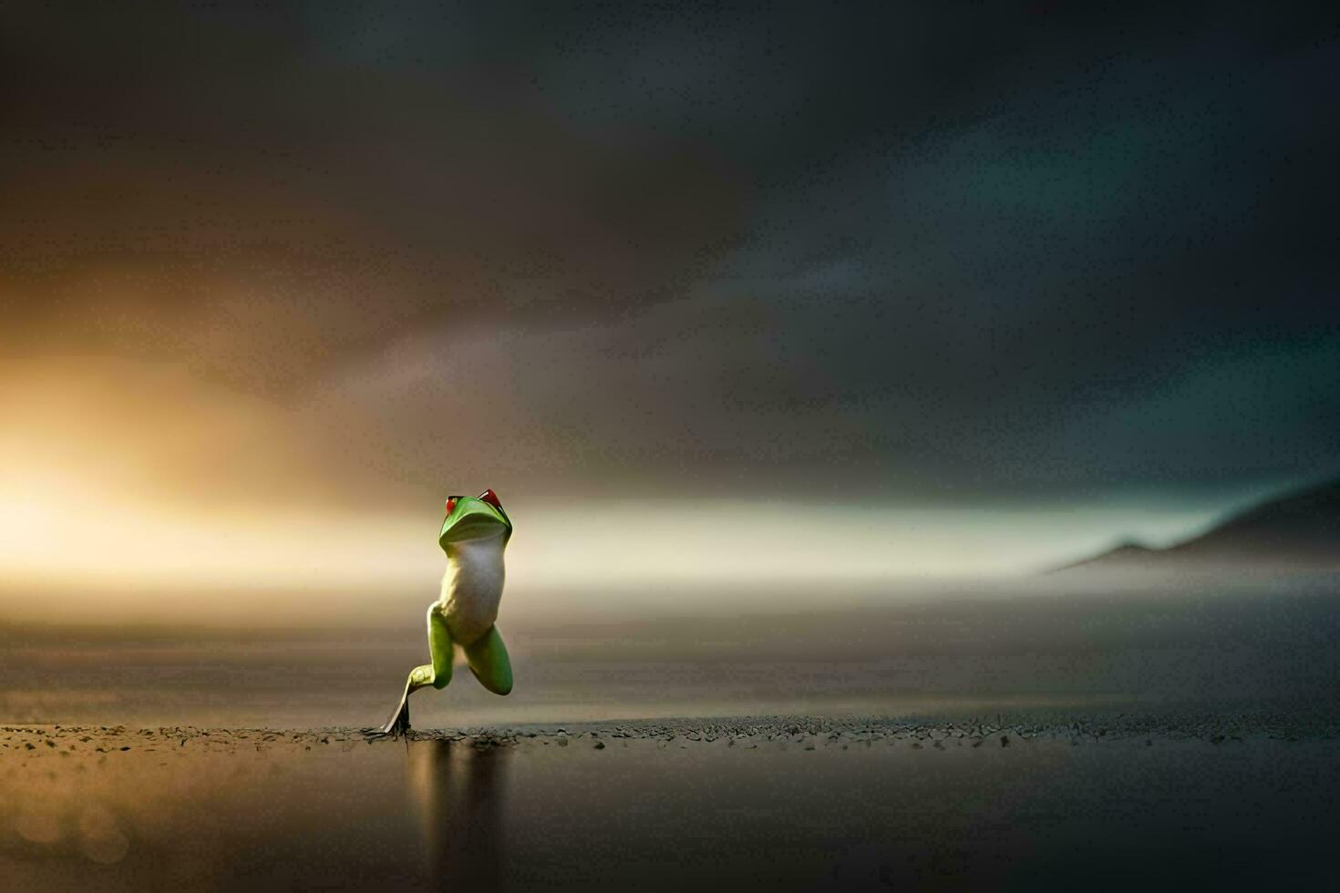 a frog is running on the beach at sunset. AI-Generated photo