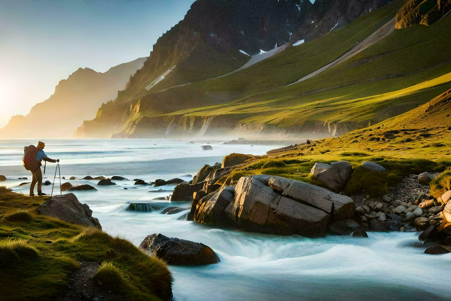 the man is standing on the rocks overlooking the ocean. AI-Generated photo