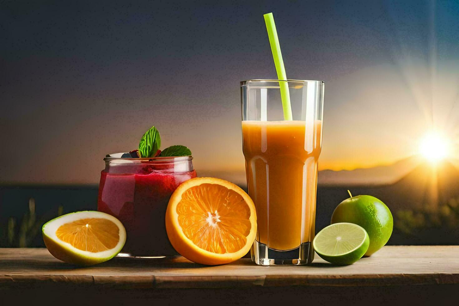 juice and orange juice on a table with the sun setting. AI-Generated photo