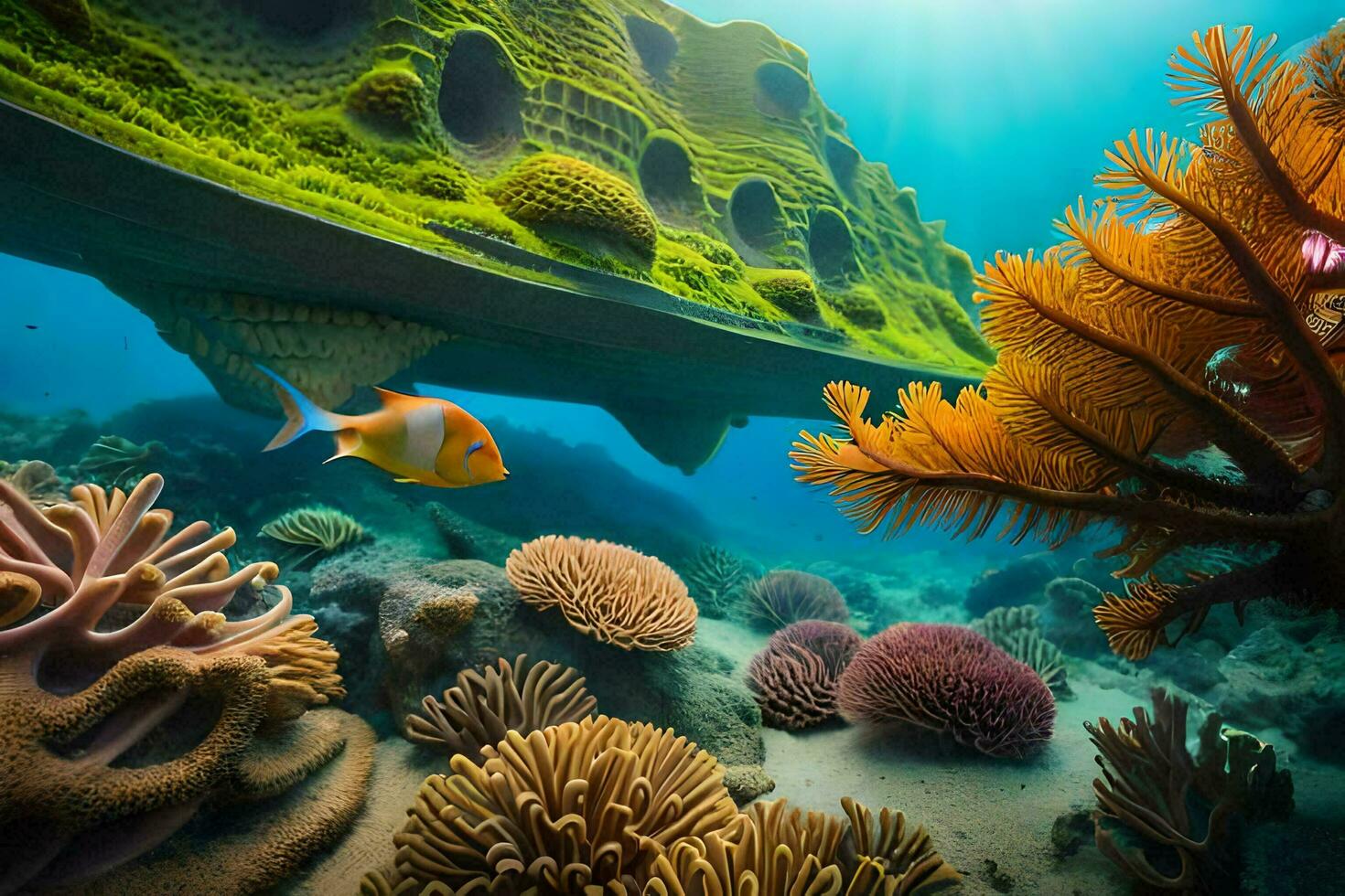 a boat is floating on the ocean floor with coral and fish. AI-Generated photo