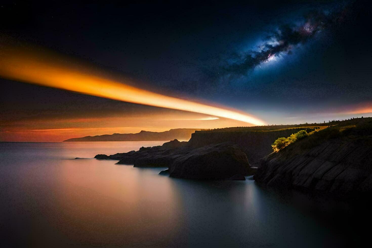 a long exposure photograph of the milky way over the ocean. AI-Generated photo