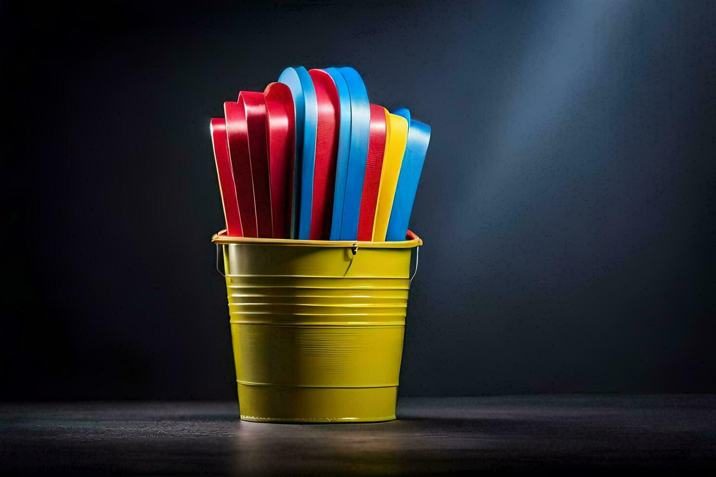 a bucket filled with colorful plastic forks. AI-Generated photo