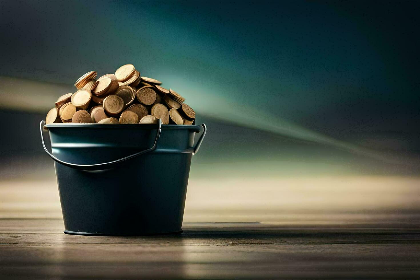bucket of coins on wooden table. AI-Generated photo