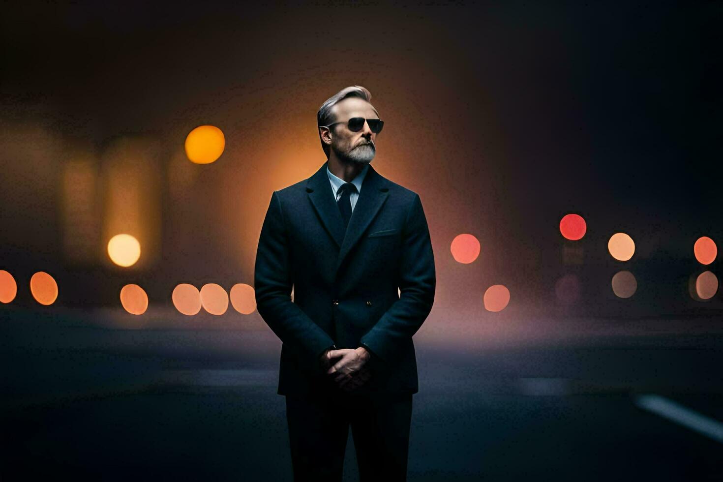 a man in a suit and sunglasses standing in the middle of a city street at night. AI-Generated photo