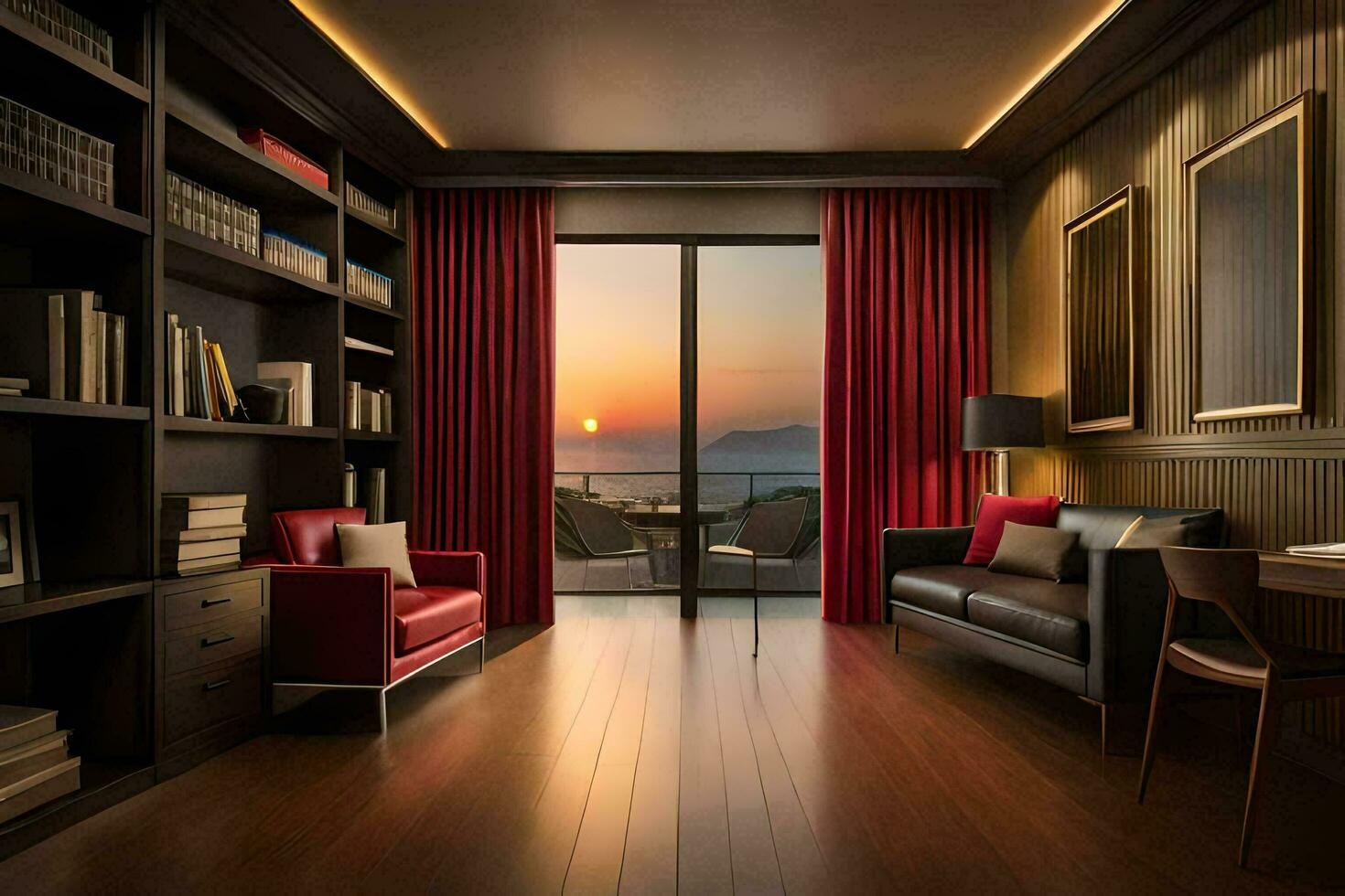 a living room with a view of the ocean at sunset. AI-Generated photo