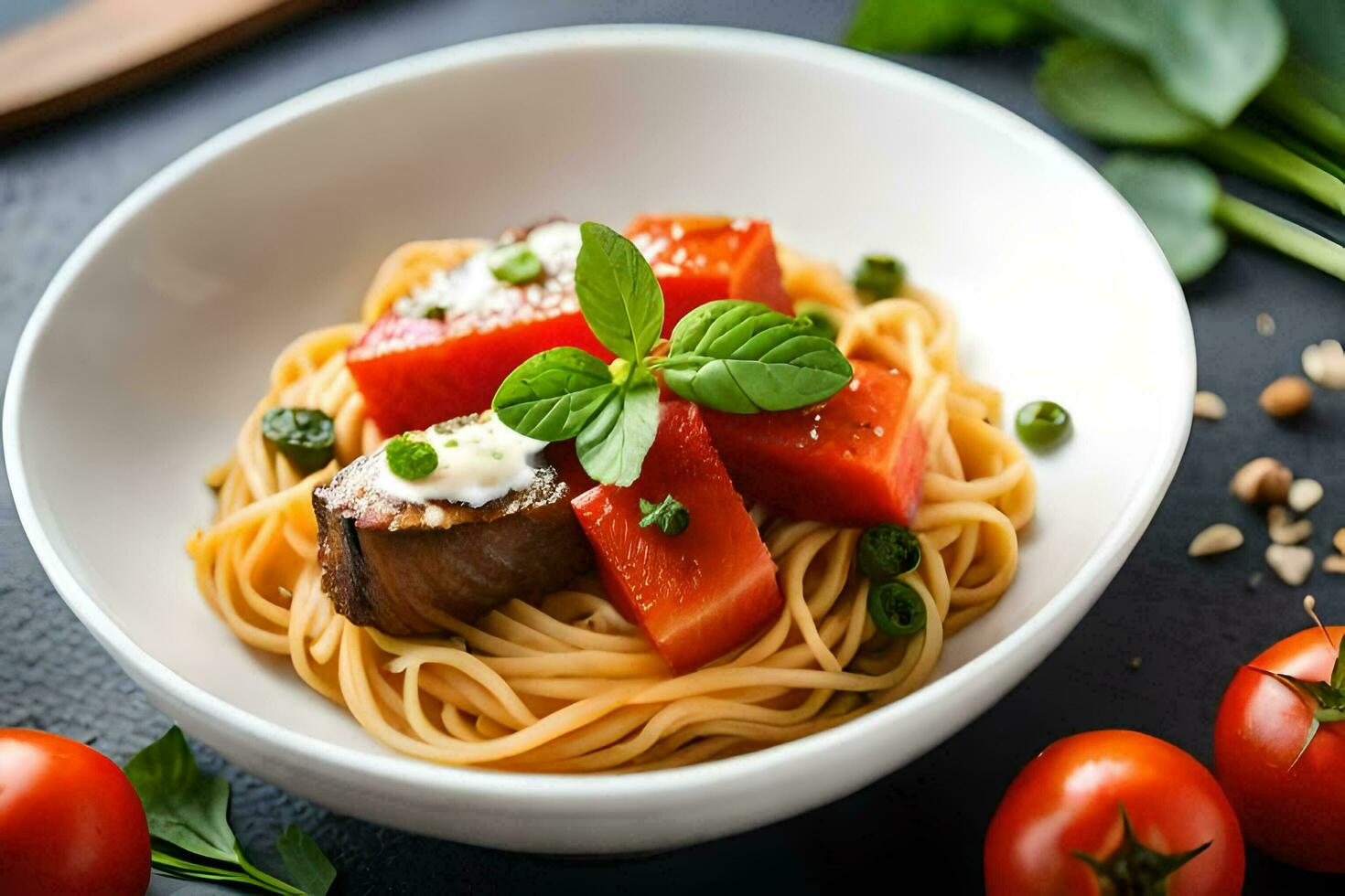 spaghetti with tomatoes and basil leaves in a bowl. AI-Generated photo