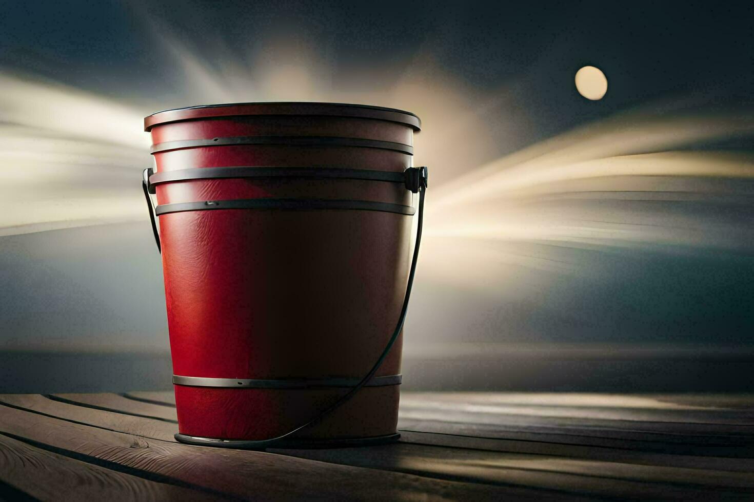 a red bucket sitting on a wooden deck. AI-Generated photo