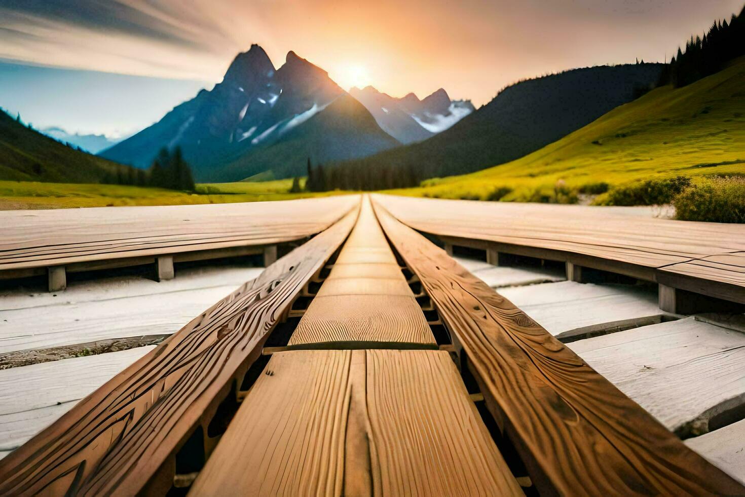 a wooden bridge leads to a mountain range. AI-Generated photo