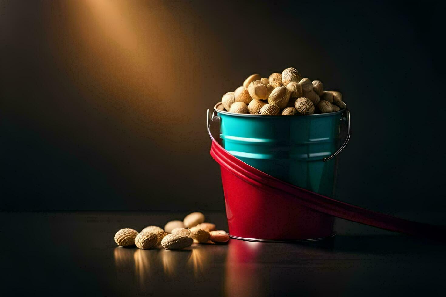 peanuts in a bucket on a dark background. AI-Generated photo