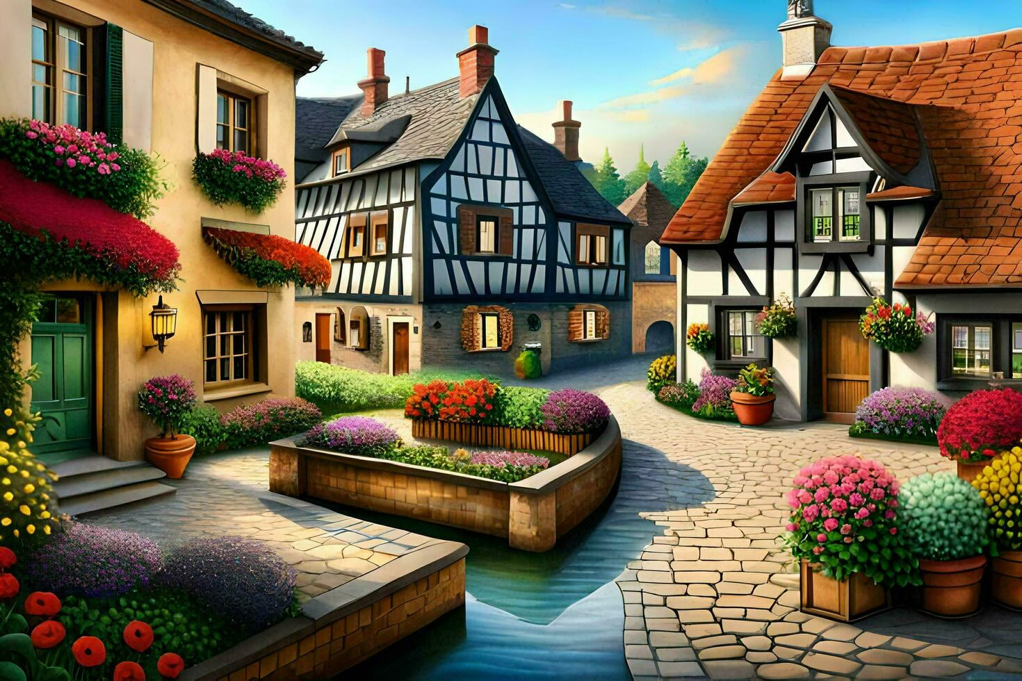 a painting of a street with flowers and houses. AI-Generated photo