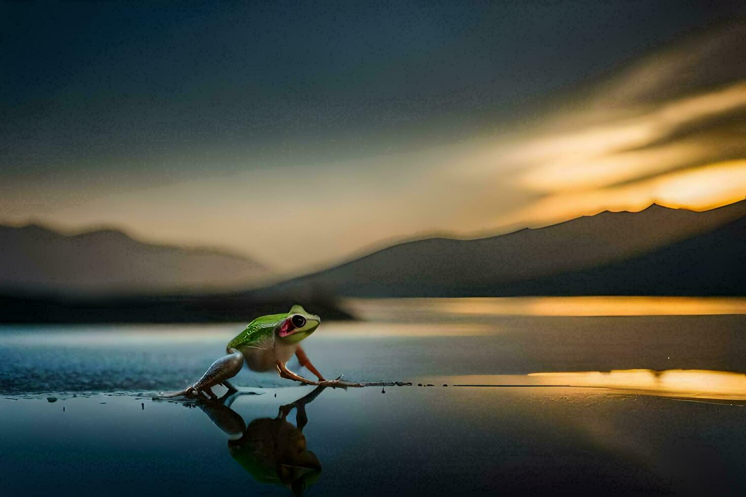 a frog standing on the edge of a lake at sunset. AI-Generated photo