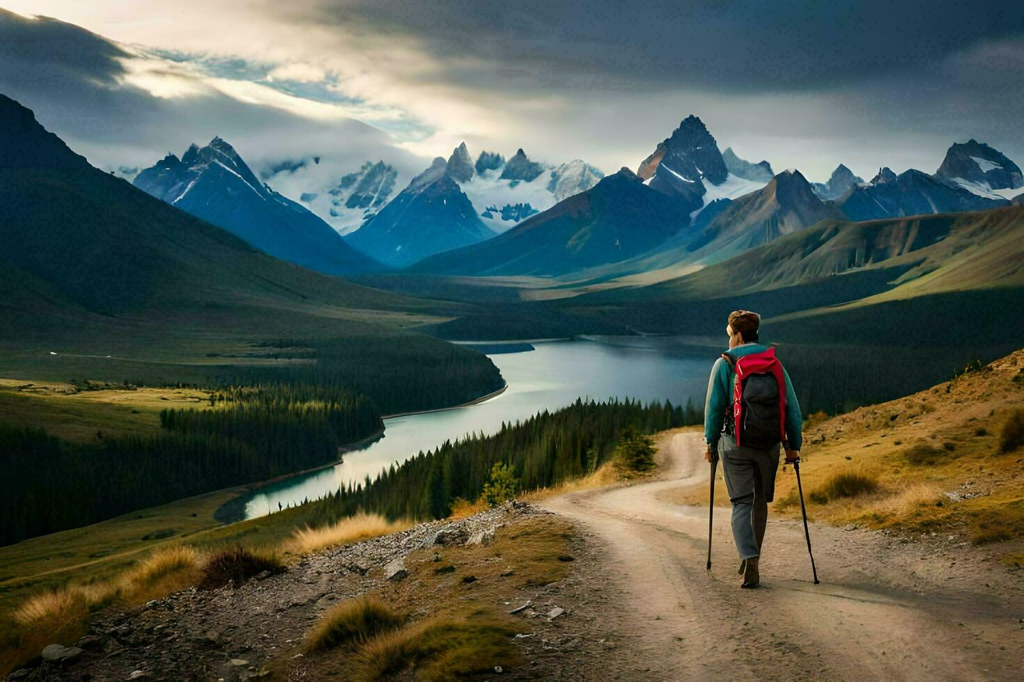 a man with a backpack walks along a dirt road in the mountains. AI-Generated photo
