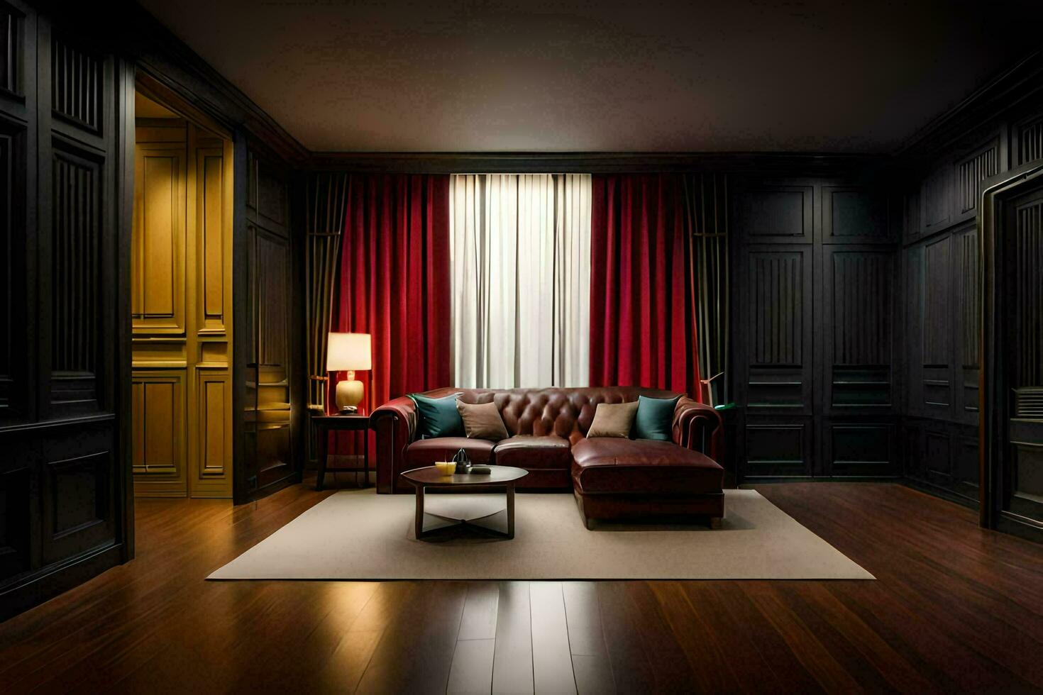 a room with black walls and red curtains. AI-Generated photo