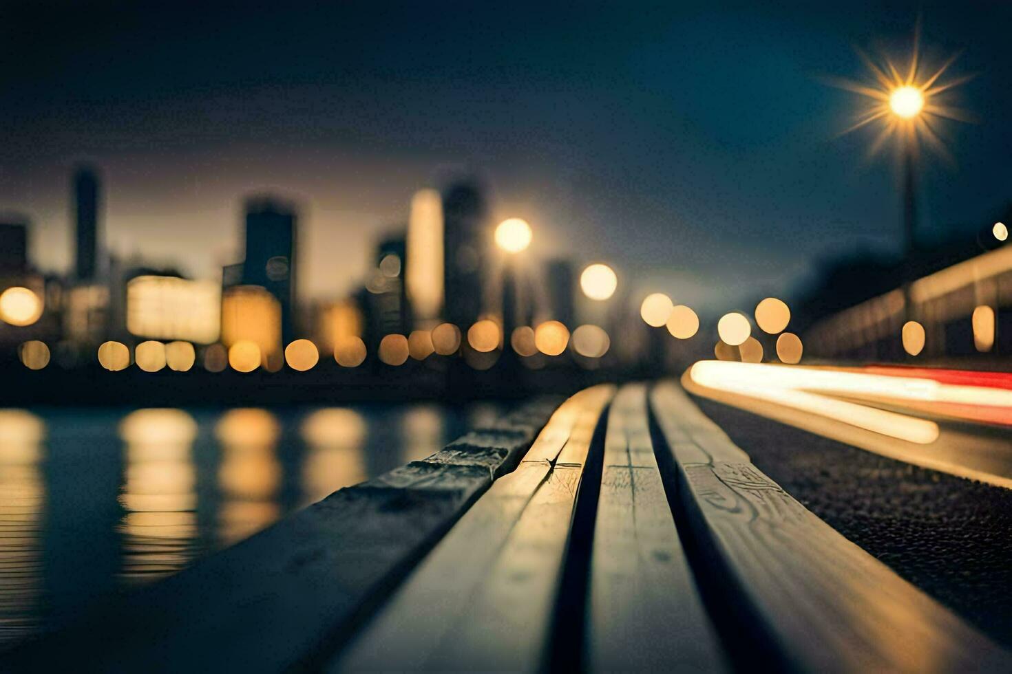 a city at night with lights on the water. AI-Generated photo