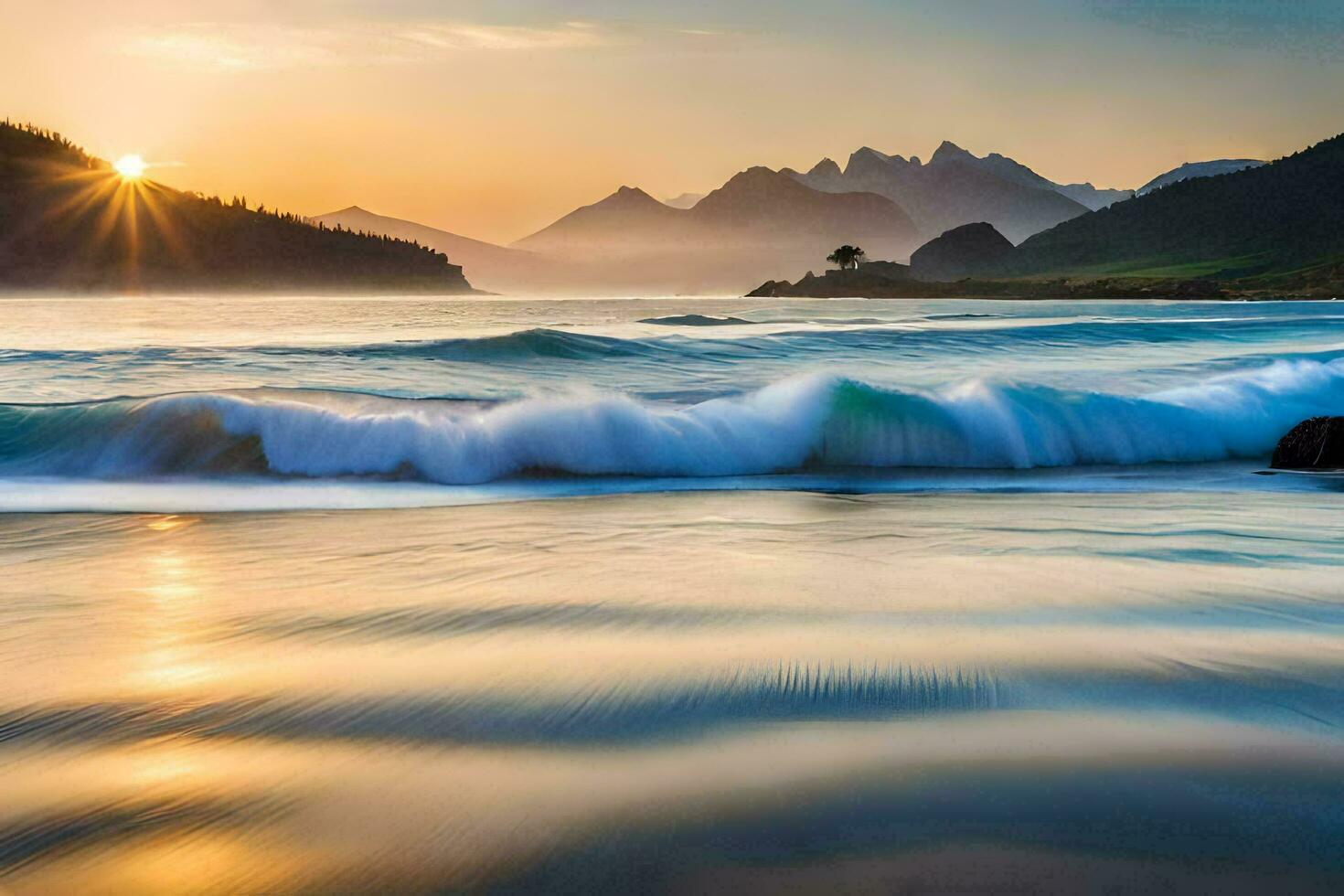 el Dom sube terminado el Oceano y montañas en esta foto. generado por ai foto