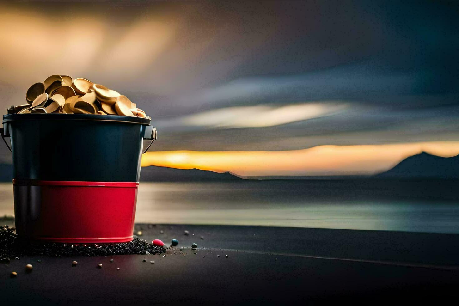 a bucket of gold on the beach. AI-Generated photo