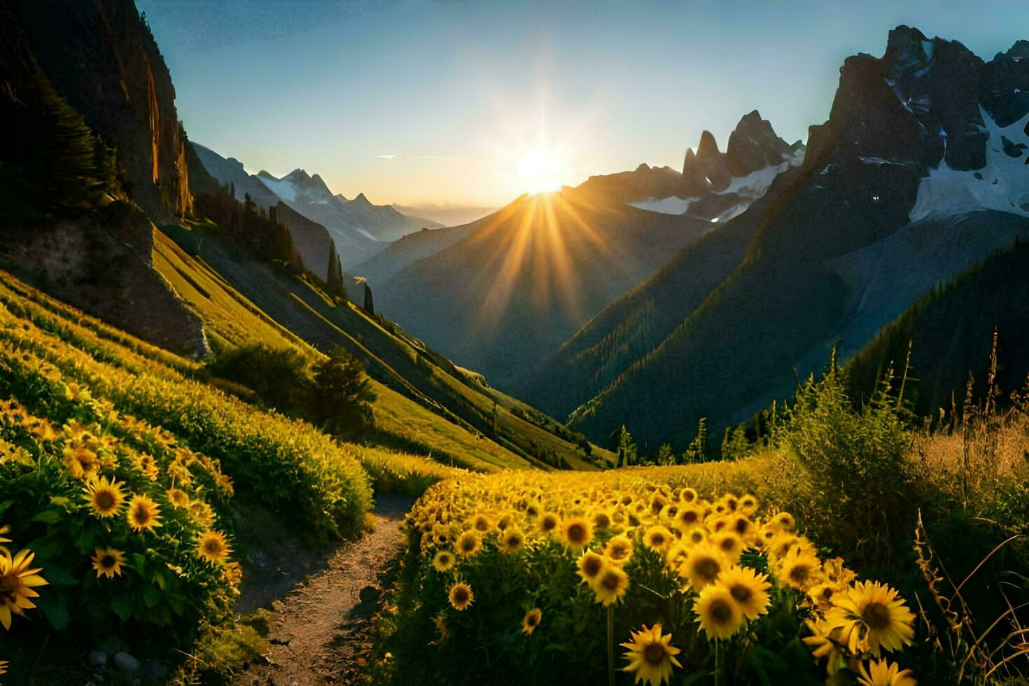 sunflowers in the mountains at sunset. AI-Generated photo