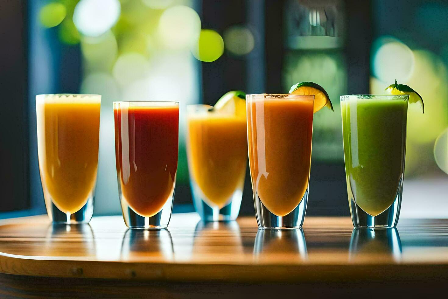 five different types of juices are lined up on a table. AIGenerated