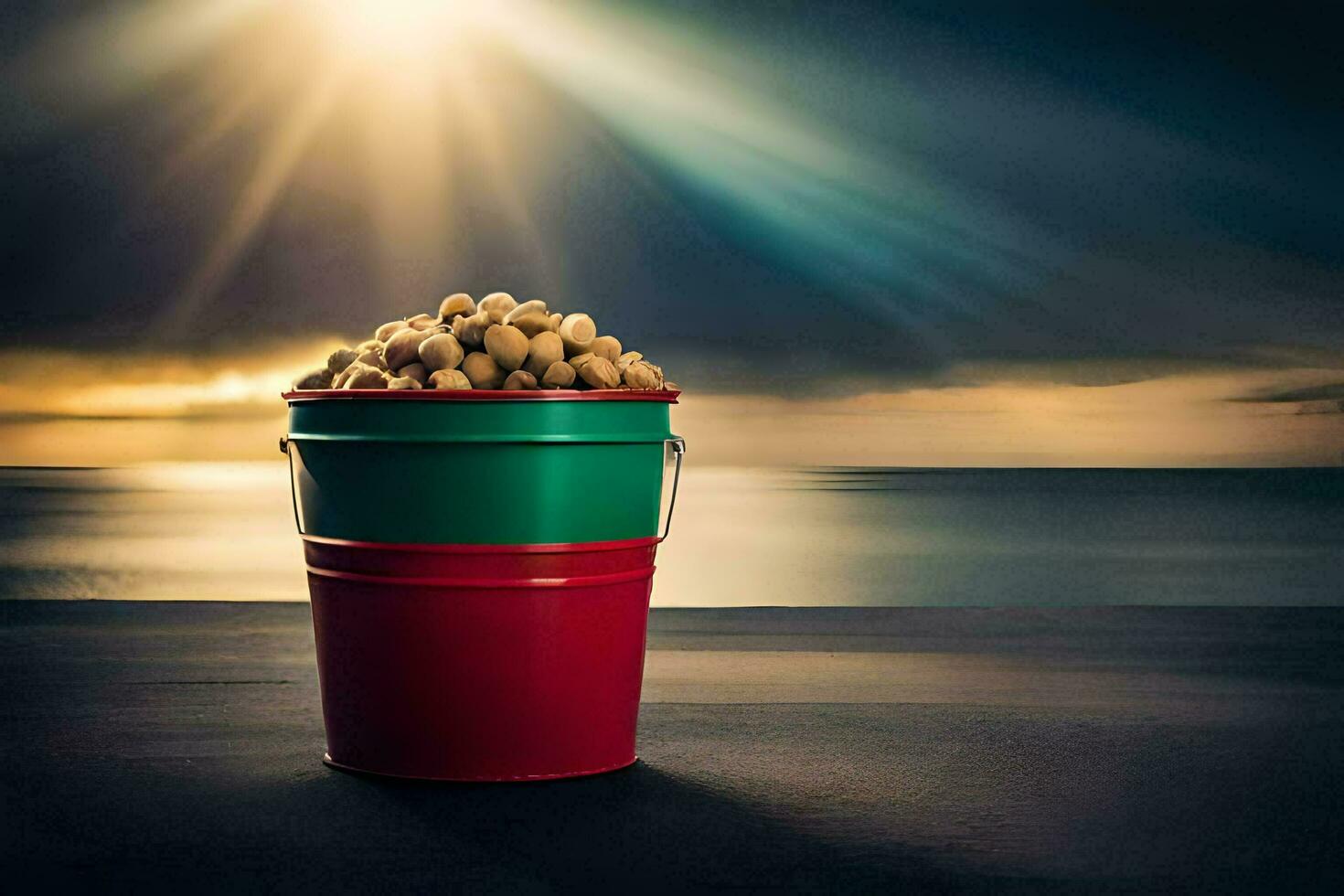 a bucket of peanuts on a table in front of the ocean. AI-Generated photo