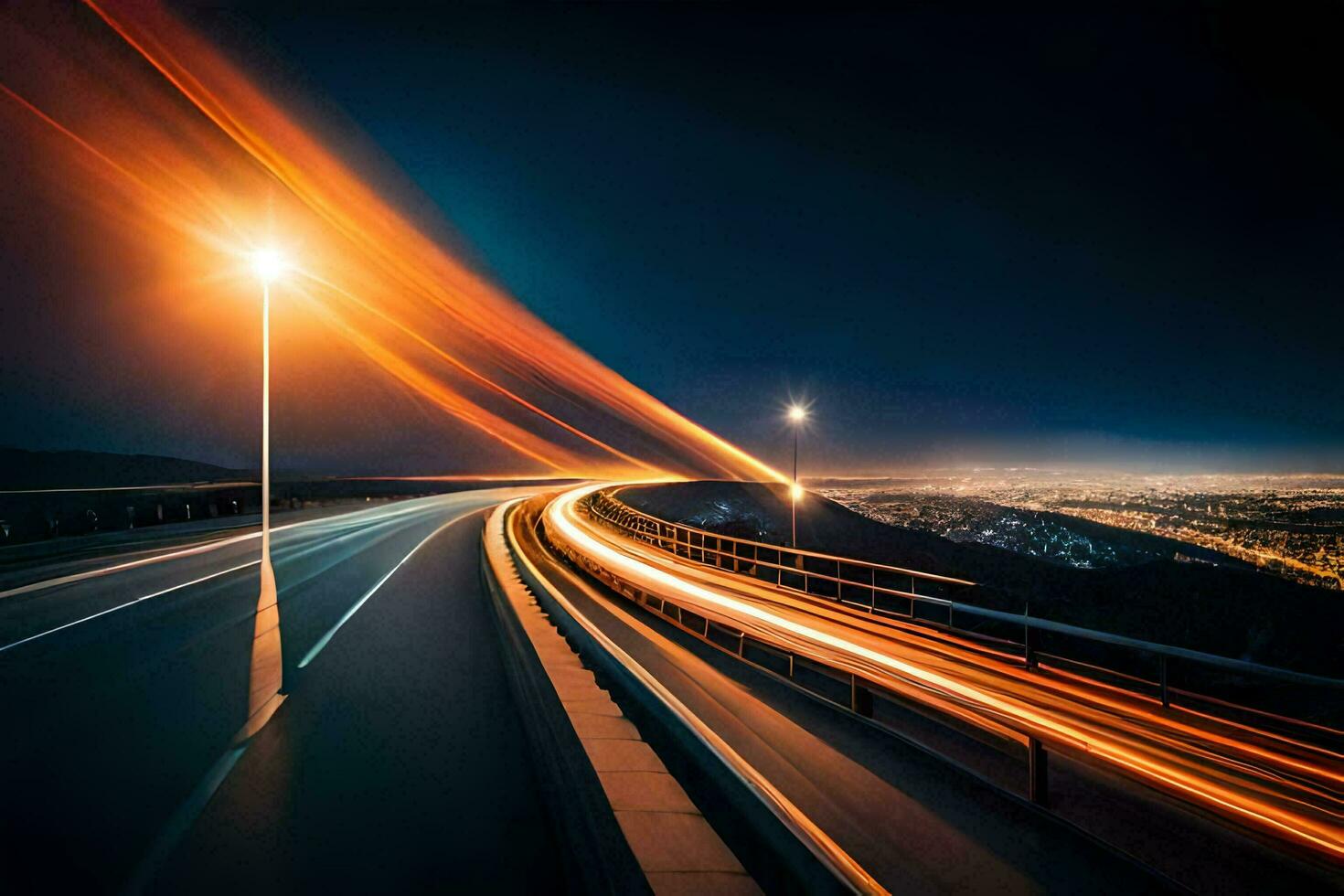 a long exposure photograph of a highway at night. AI-Generated photo