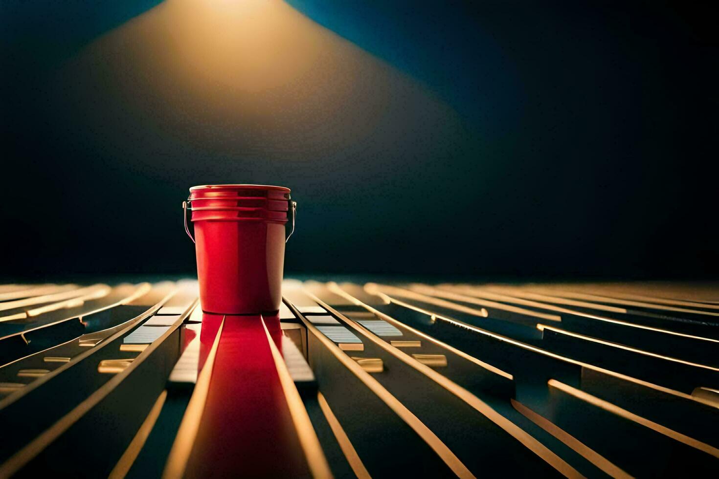 a red bucket sitting on top of a wooden floor. AI-Generated photo