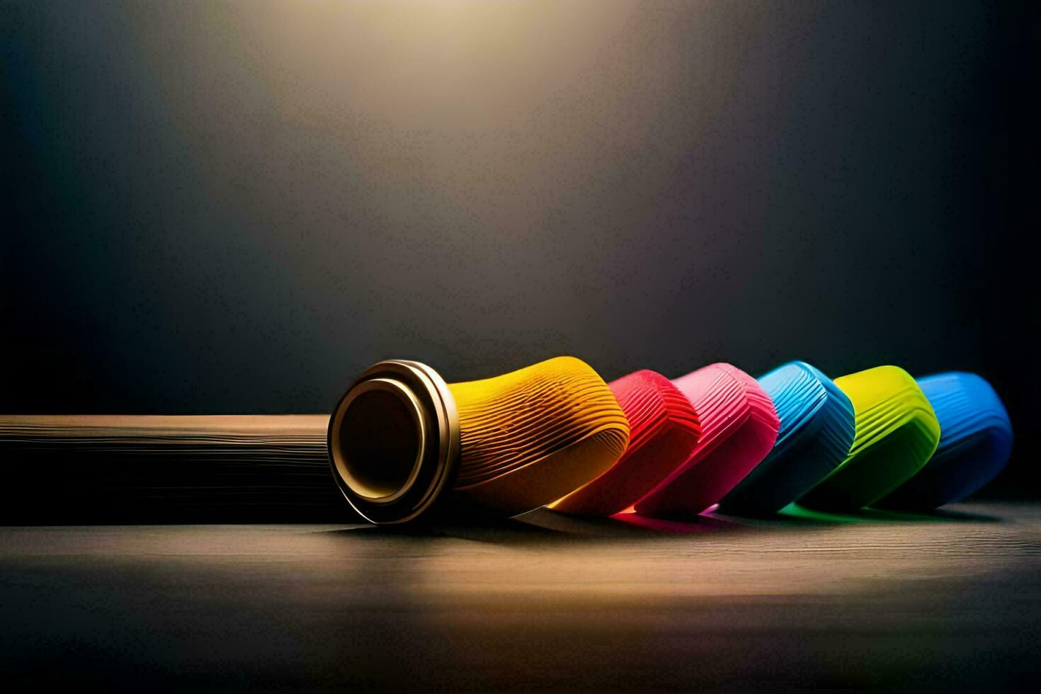 colorful coffee cups on a table with a black background. AI-Generated photo