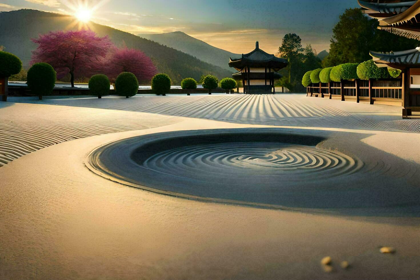 a zen garden with a circular stone circle. AI-Generated photo