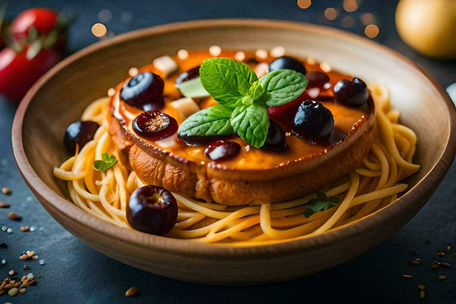spaghetti with cherry tomatoes and basil. AI-Generated photo