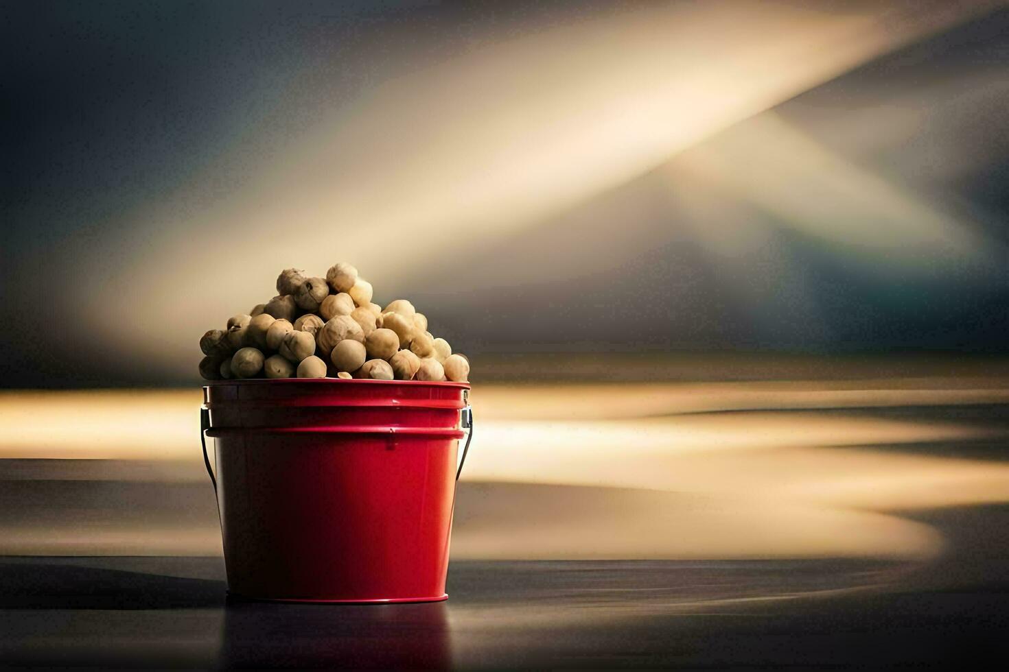 a red bucket filled with peanuts on a table. AI-Generated photo