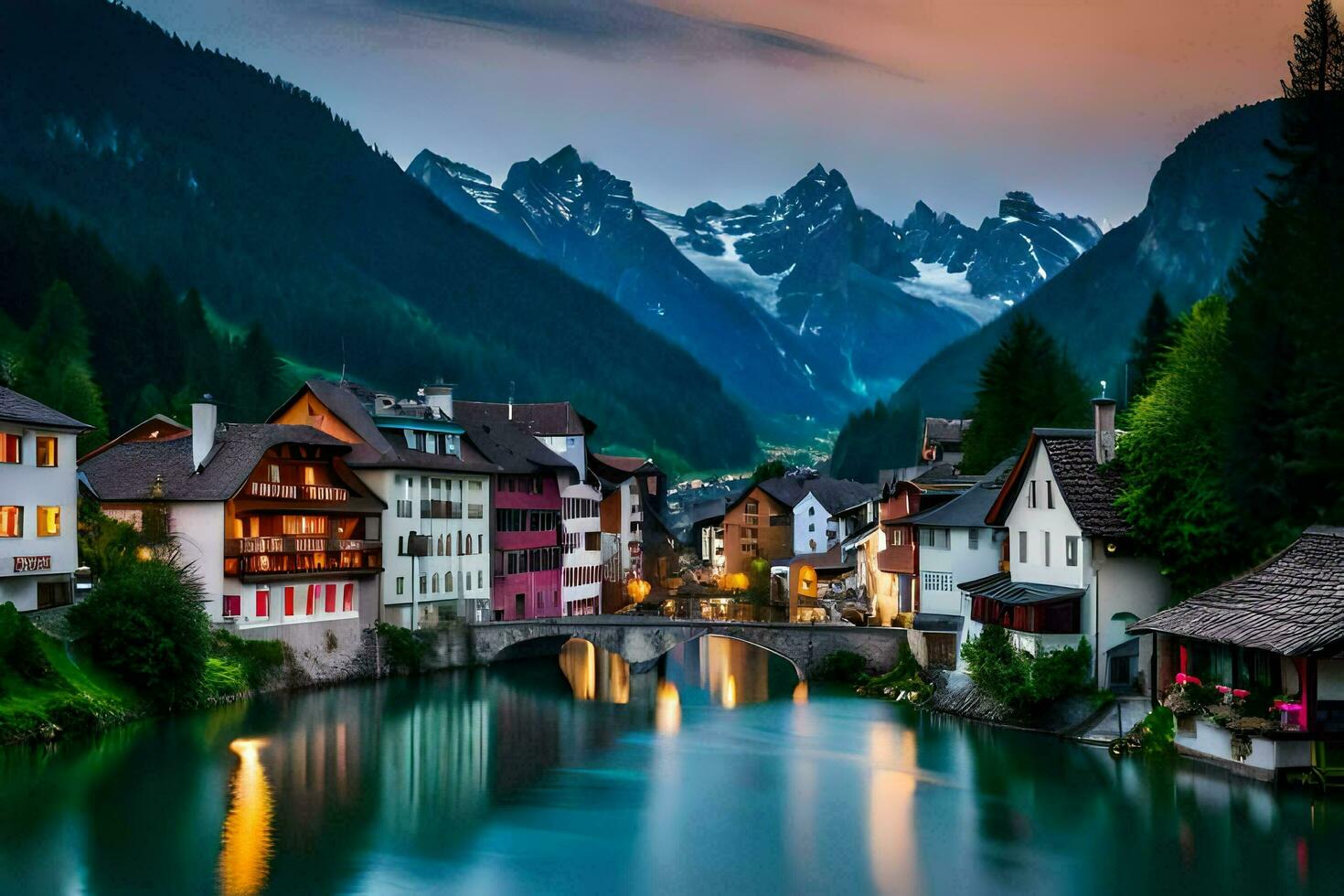 a river runs through a town in the mountains. AI-Generated photo