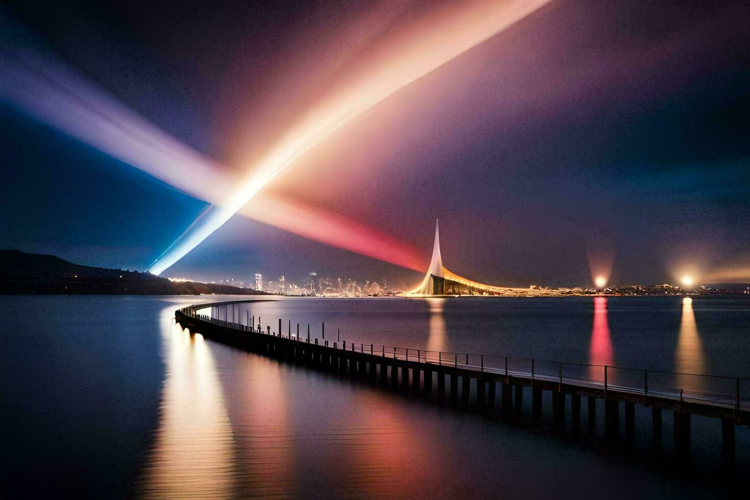 un largo puente con un arco iris ligero camino. generado por ai foto