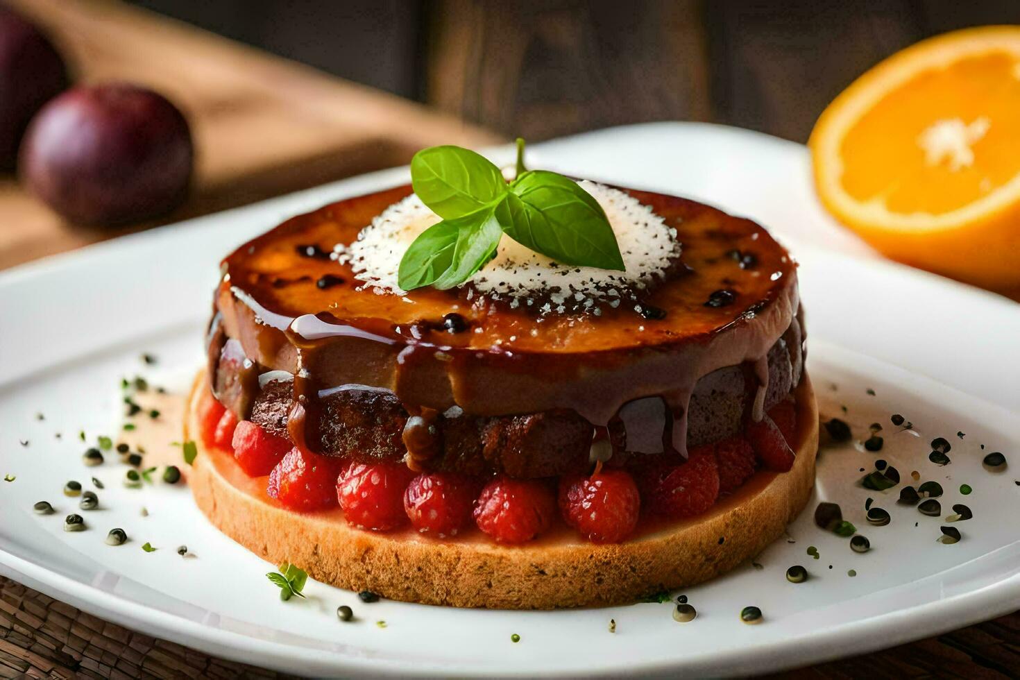 a dessert on a white plate with fruit and mint. AI-Generated photo