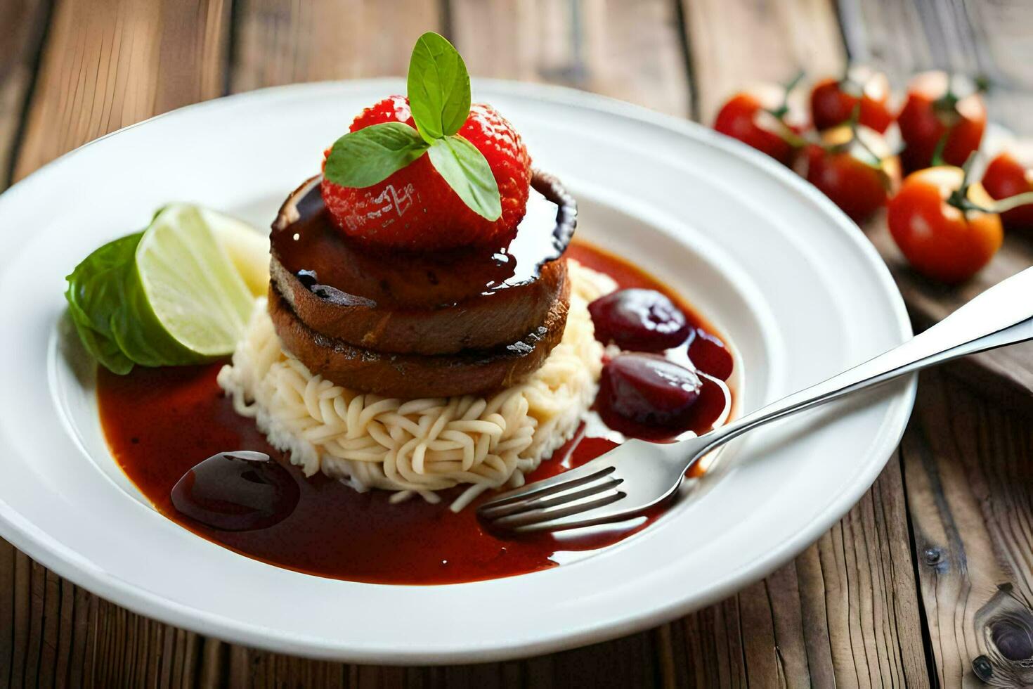 a plate with a meat dish and strawberries. AI-Generated photo
