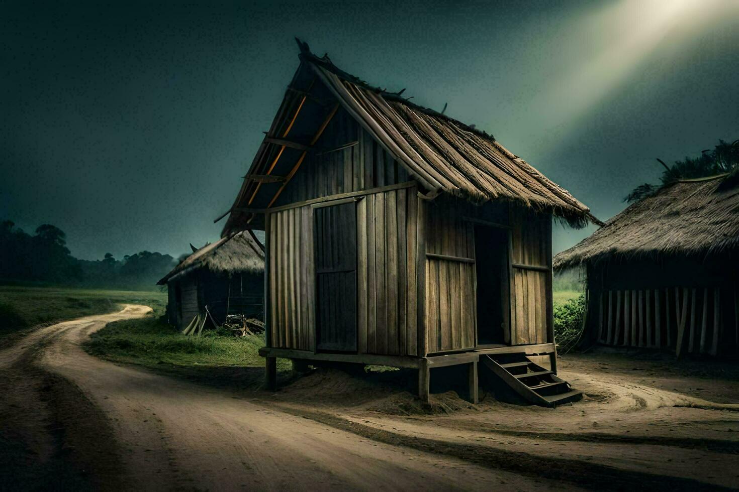 a small hut sits in the middle of a dirt road. AI-Generated photo