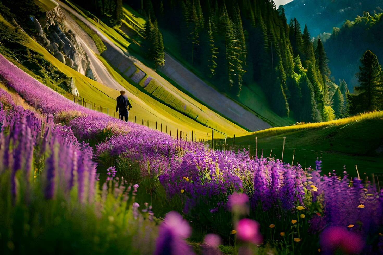 a person walking through a field of purple flowers. AI-Generated photo