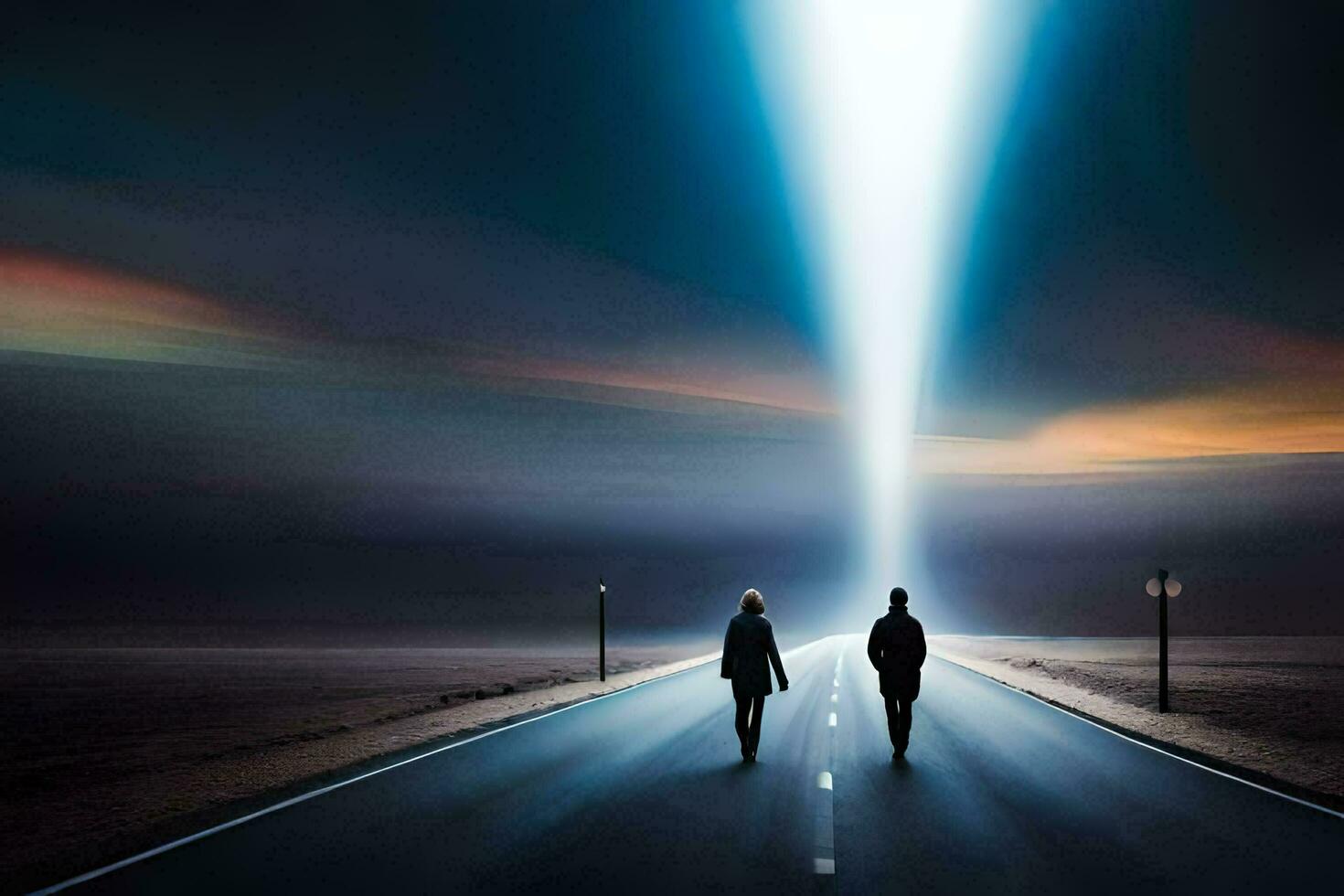 two people walking down a road with a light shining from the sky. AI-Generated photo