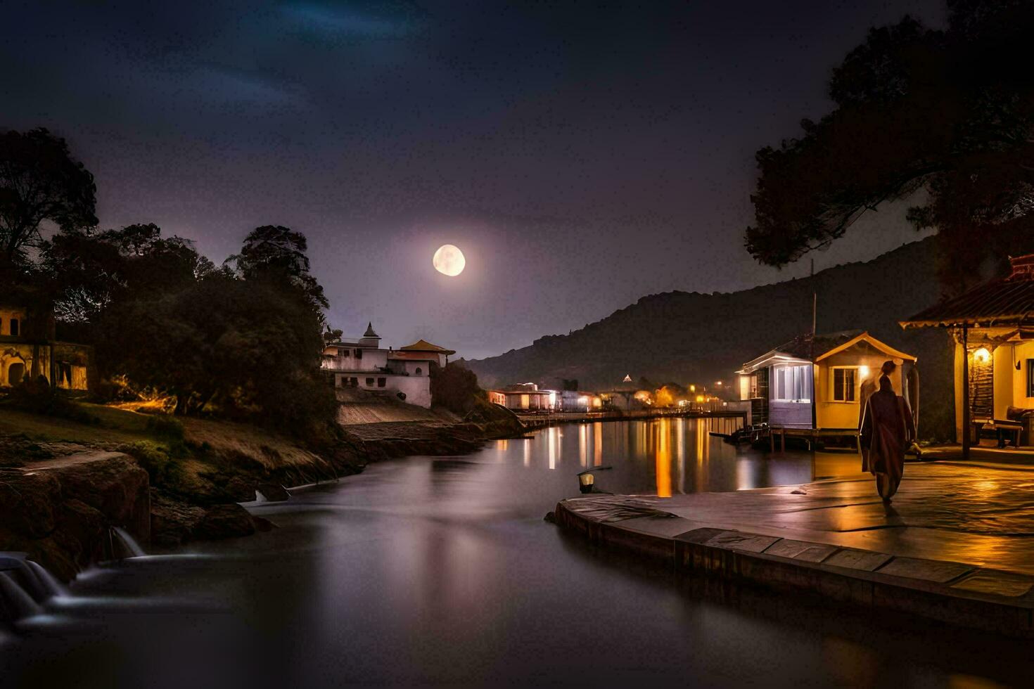 a full moon over the river at night. AI-Generated photo