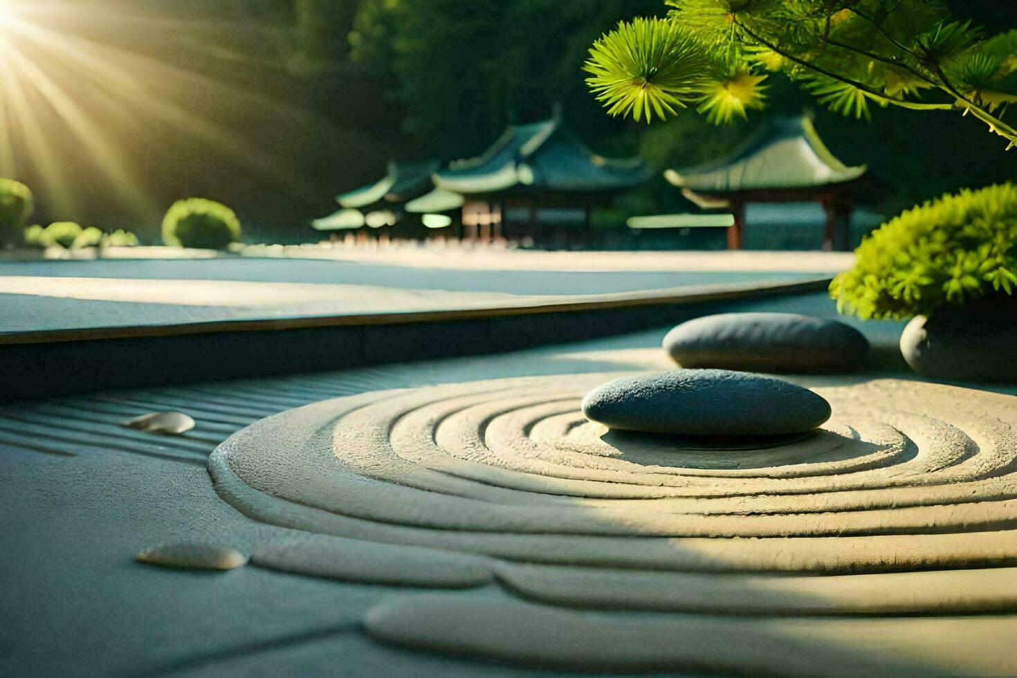 un zen jardín con piedras y un árbol. generado por ai foto