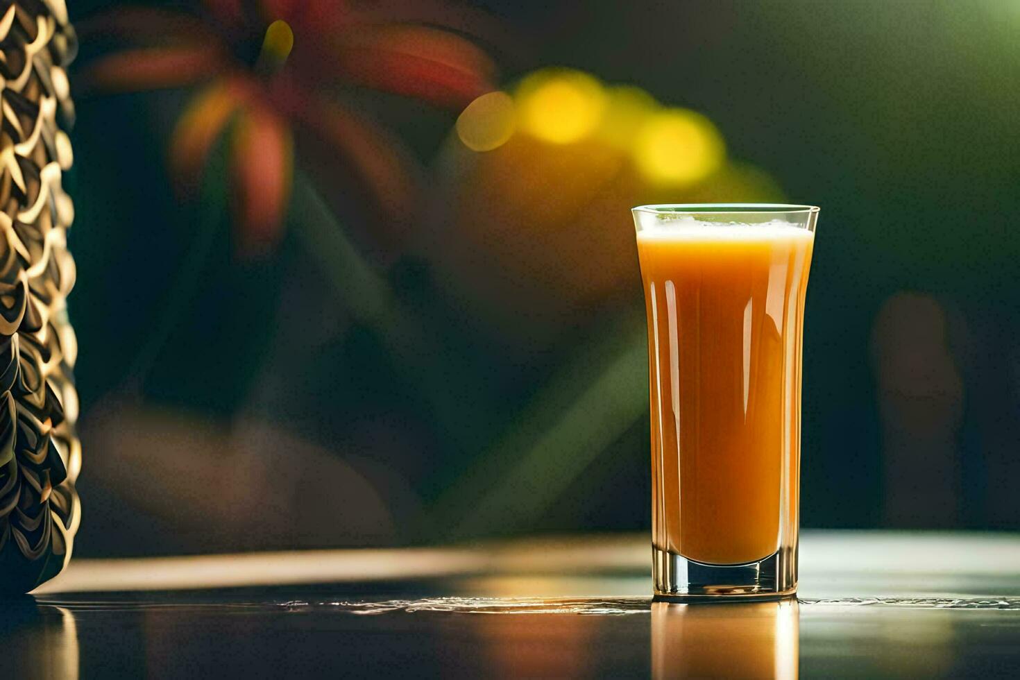 a glass of orange juice sitting on a table. AI-Generated photo