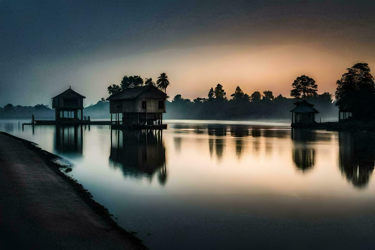 el amanecer terminado el río. generado por ai foto